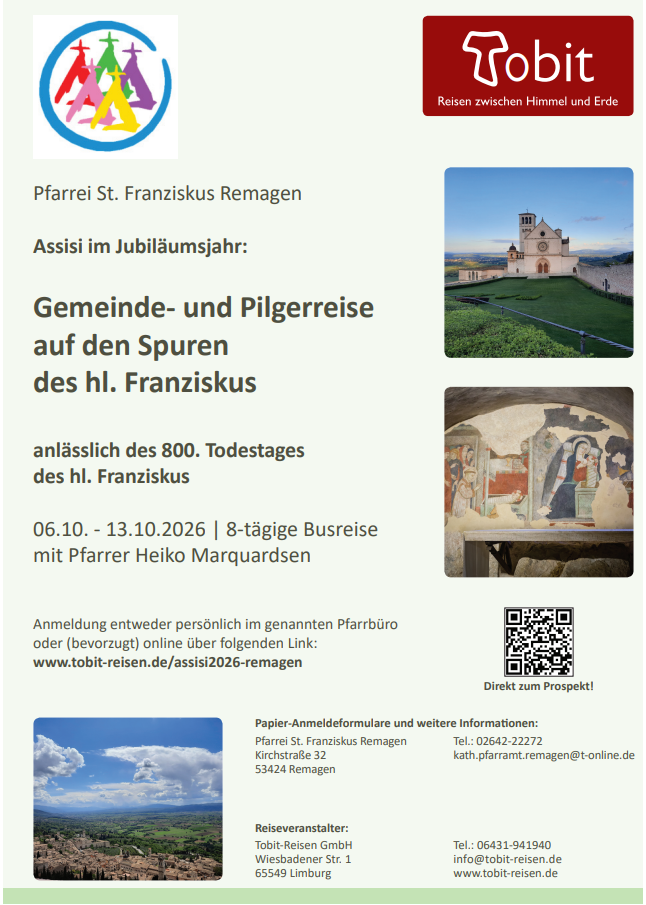 Flyer zur Gemeinde- und Pilgerreise auf den Spuren des hl. Franziskus